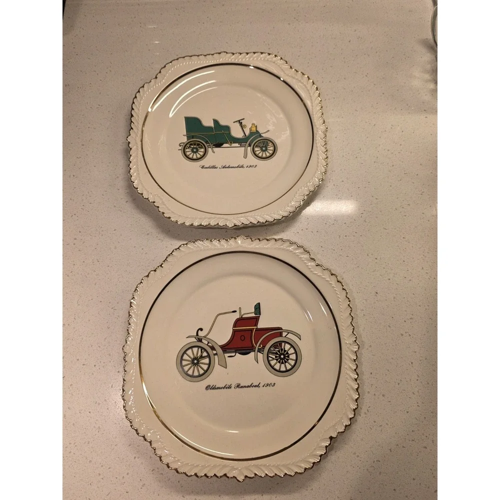 Set of Two Vintage Beautiful Automobile Plates With 22KT. Gold Trims